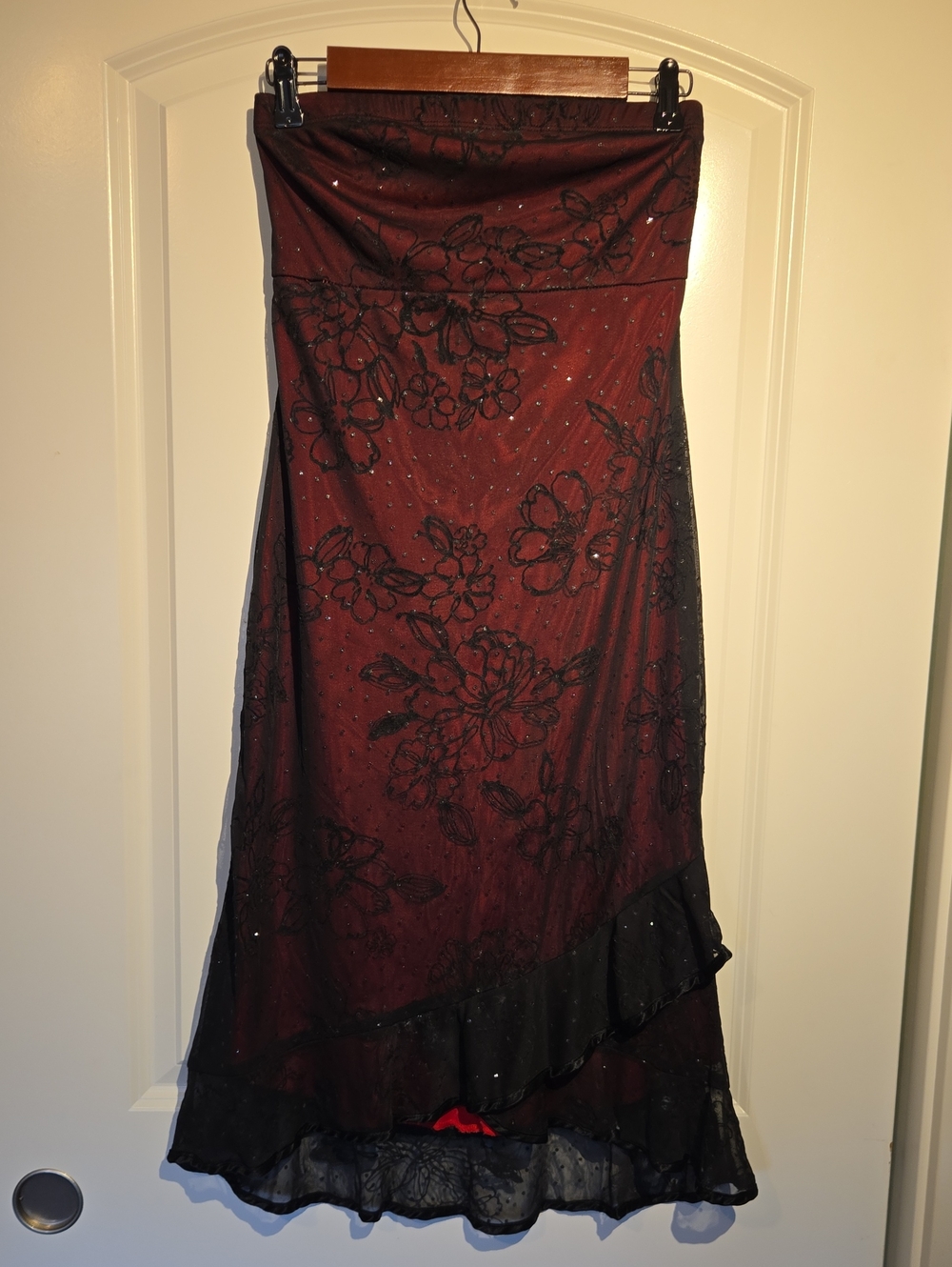 My Michelle Burgundy Maxi Skirt with Black Floral Lace